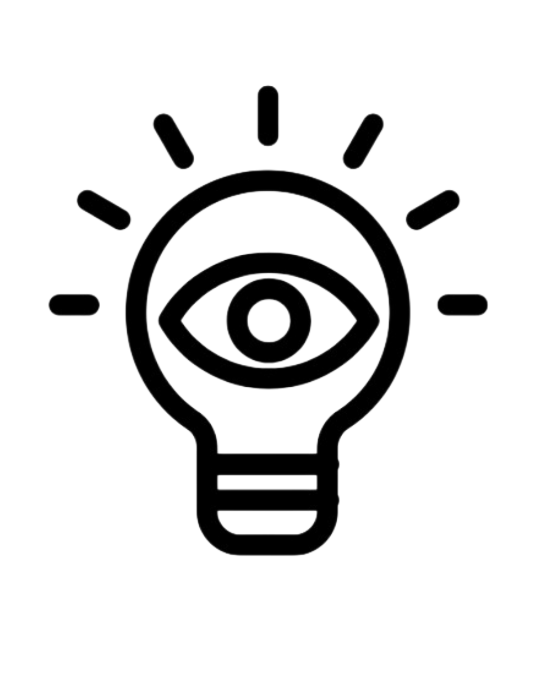 A black and white icon combining a light bulb with an eye inside it, surrounded by radiating lines, symbolizing ideas and vision.