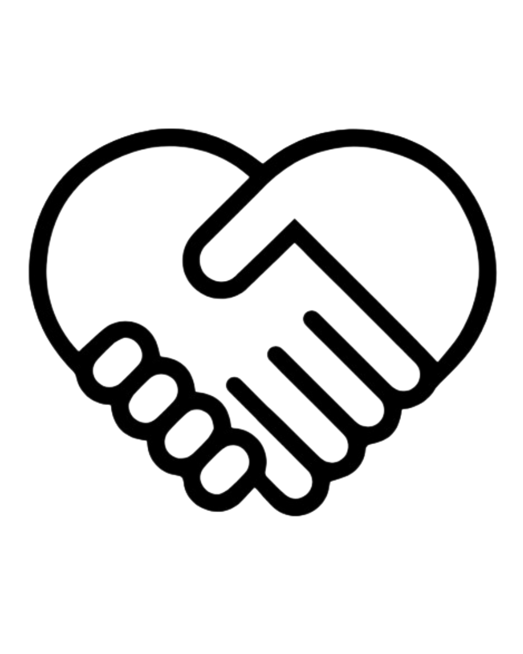 Image of a black and white outline of two hands shaking, forming a heart shape.