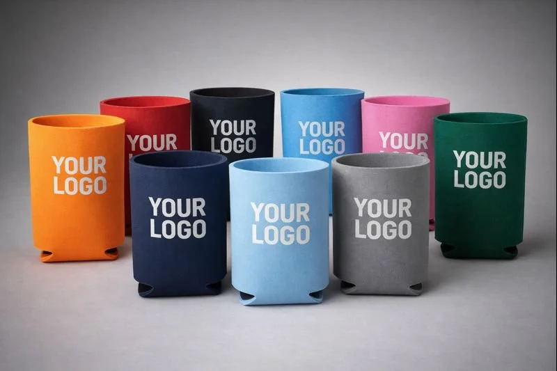 Collection of nine colorful fabric storage bins in orange, red, black, blue, pink, green, navy blue, light blue, and gray, each labeled 'YOUR LOGO' on the front.
