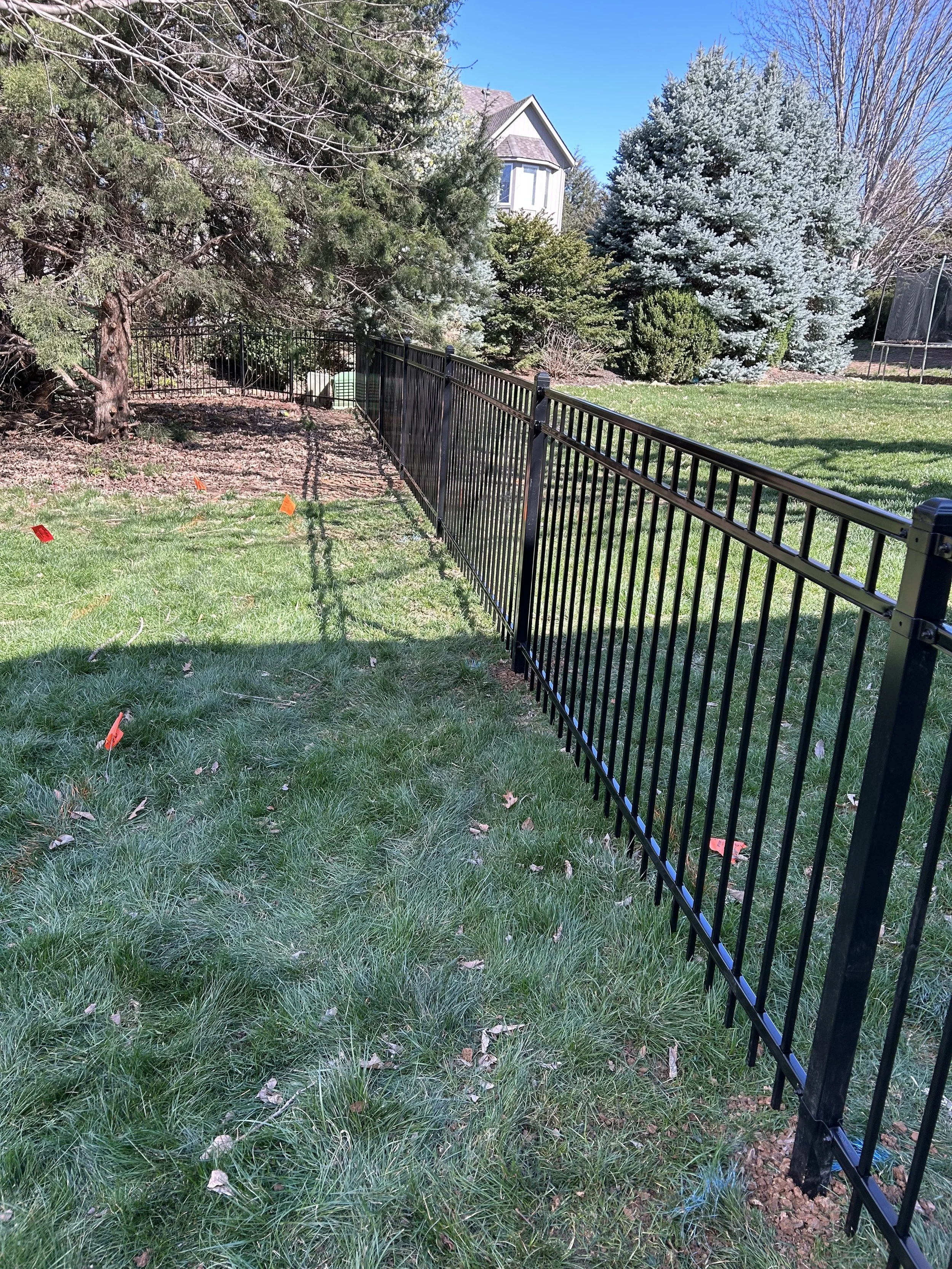 A black metal fence running along a grassy backyard with a dirt area and trees, with a house visible in the background under a clear blue sky.