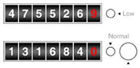 Two rows of numbered blocks with indicators 'Low' and 'Normal'; the top row has numbers 4, 7, 5, 5, 2, 6, 9, with the 9 in red; the bottom row has numbers 1, 3, 1, 6, 8, 4, 0, with the 0 in red.