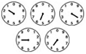 Five clocks showing different times from 12:00 to 2:00.