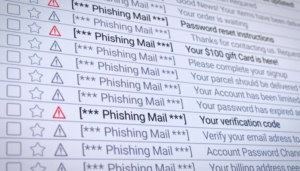 Email inbox flagged with multiple phishing email examples showing warning icons and deceptive subject lines including password resets and gift card offers