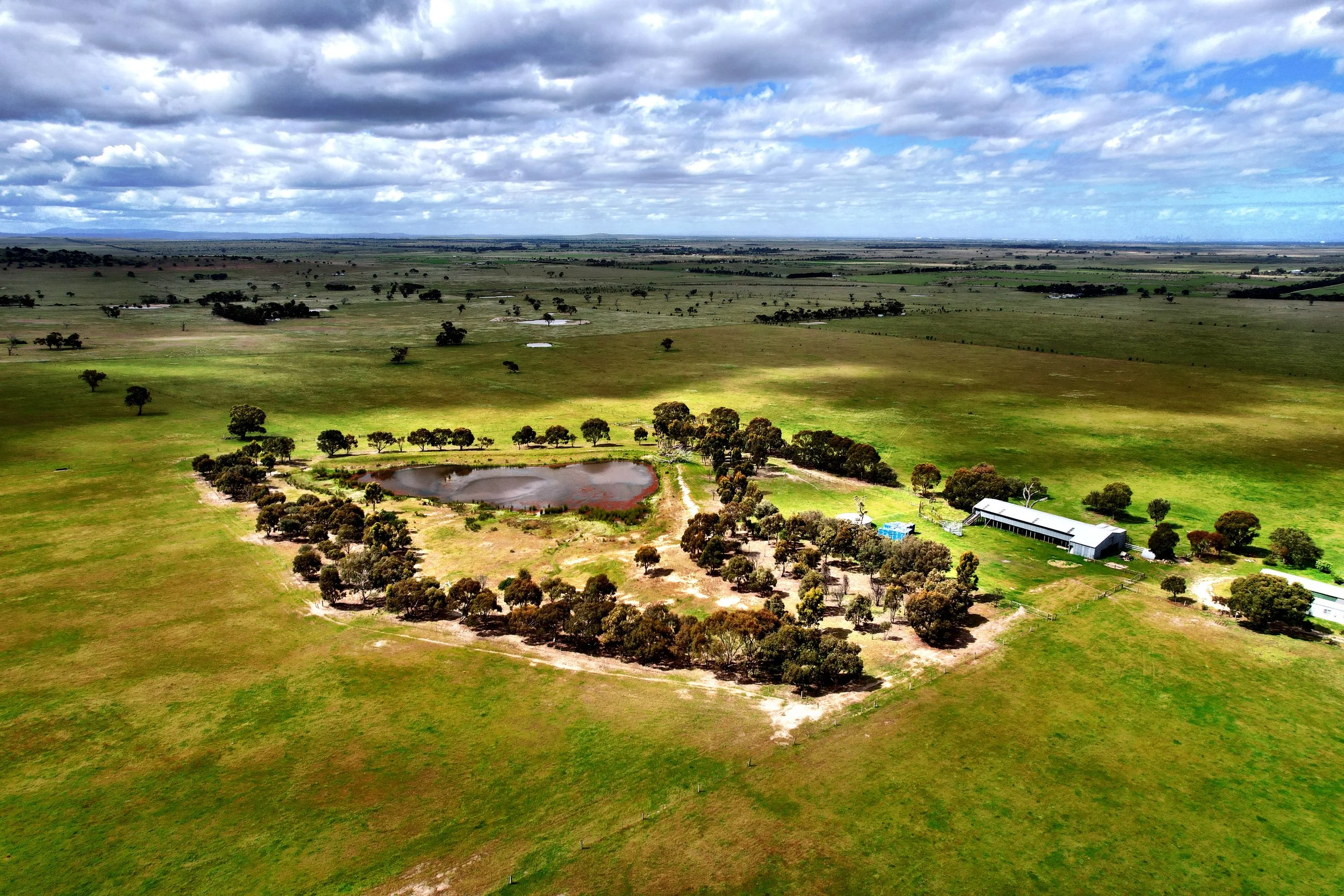 Aerial view of a rural farm property featuring a small dam encircled by trees, open paddocs and farm tracks. A shed and buildings sit nearby.