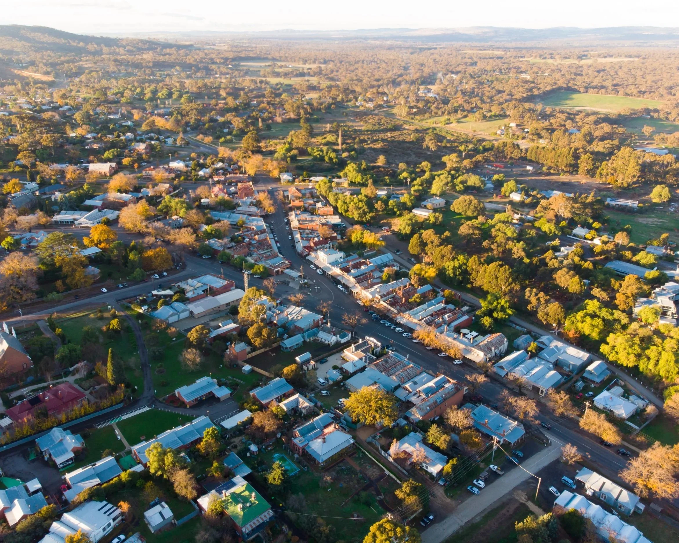 Aerial shot of a regional town's main street with cars, shops and homes, with lots of green space.