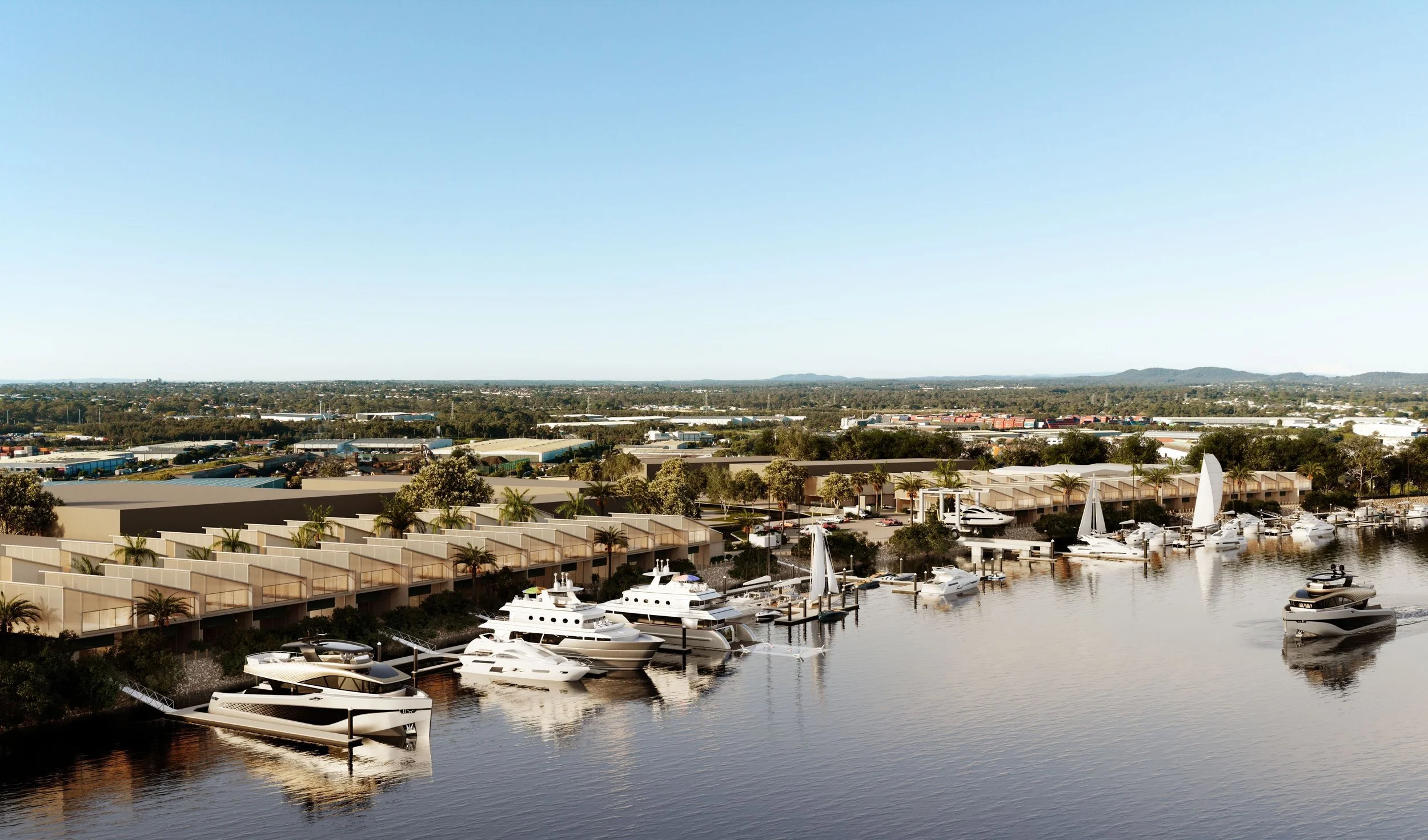 A waterfront marina with moored yachts and contemporary shoreline development reflects coastal lifestyle, tourism appeal and regional investment.