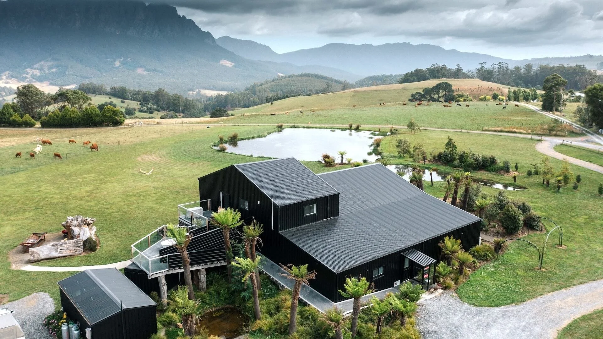 The contemporary Eagle Nest Retreat sits beside a reflective dam, surrounded by rolling green paddocks, grazing cattle and mountain ranges.