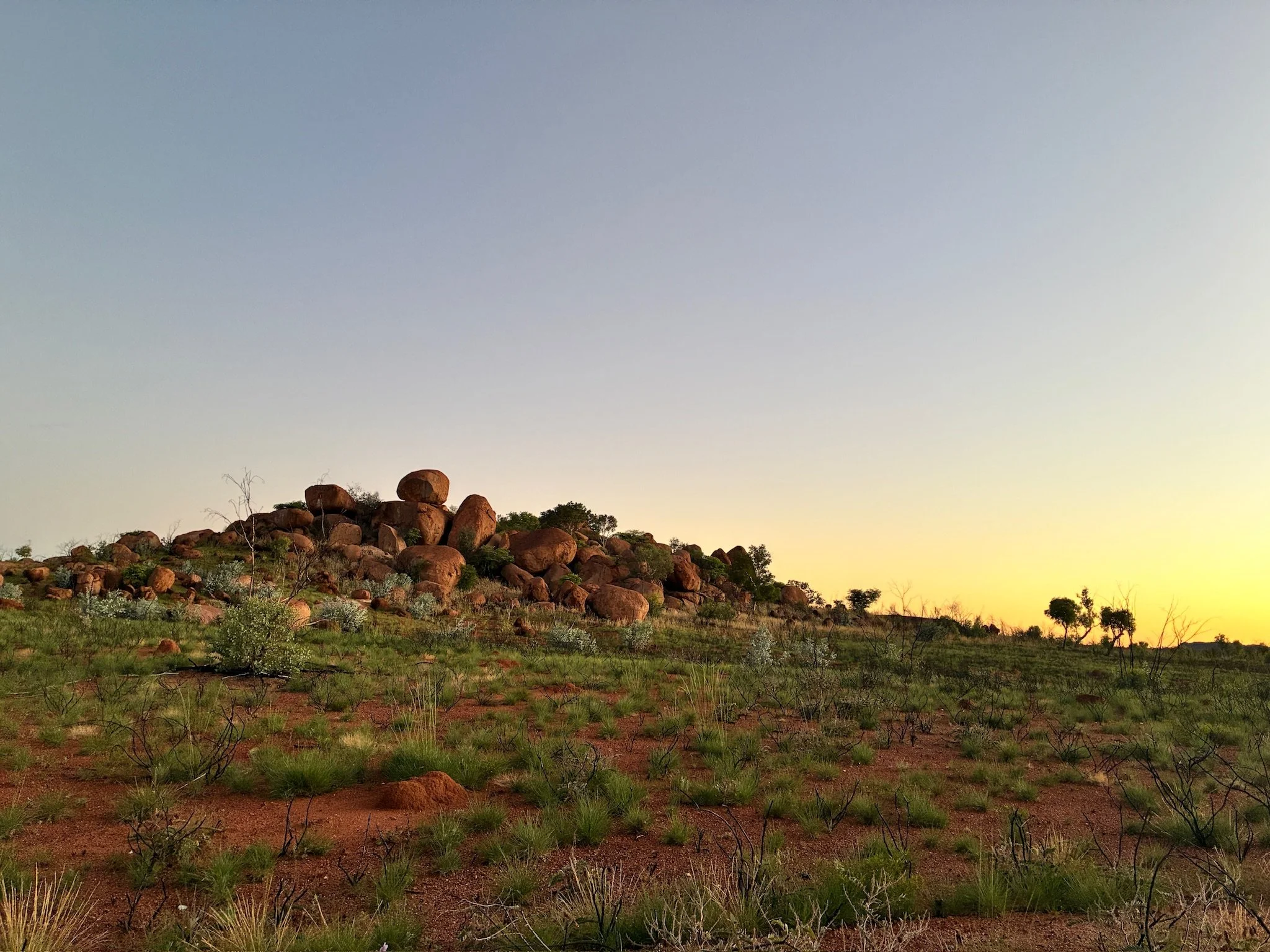 Round boulders naturally formed on top of each other with bush scrub around them and a dusk sky.