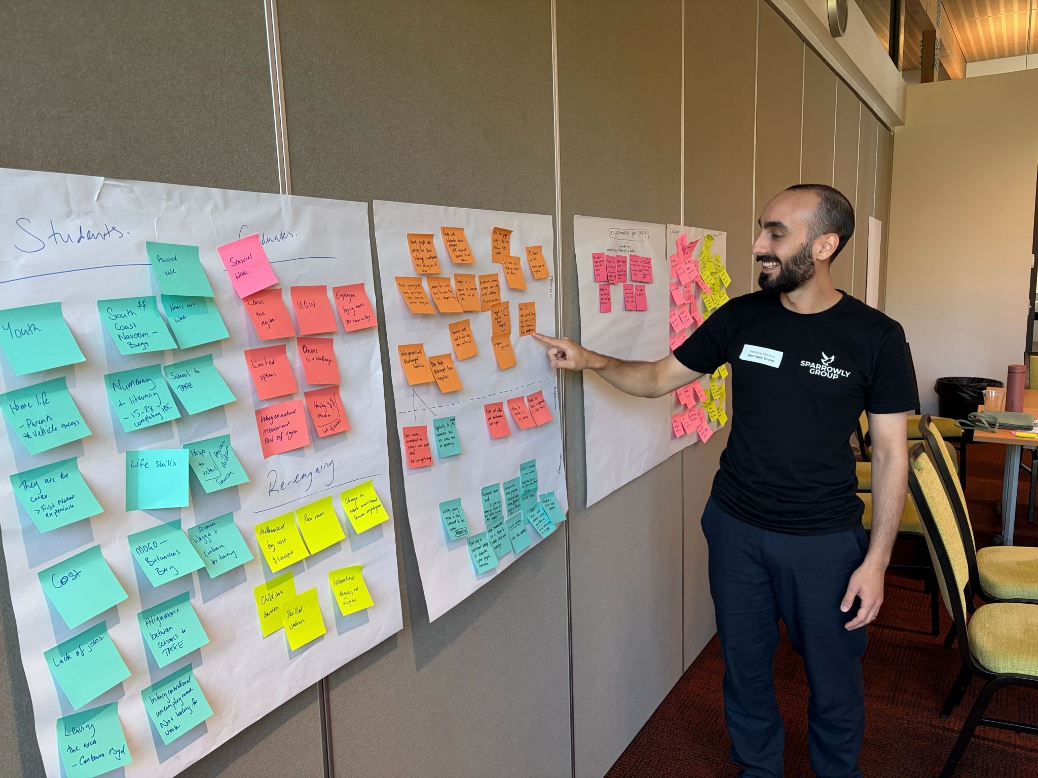 Federico Moreno stands beside workshop boards covered in colourful sticky notes, pointing to ideas and themes.
