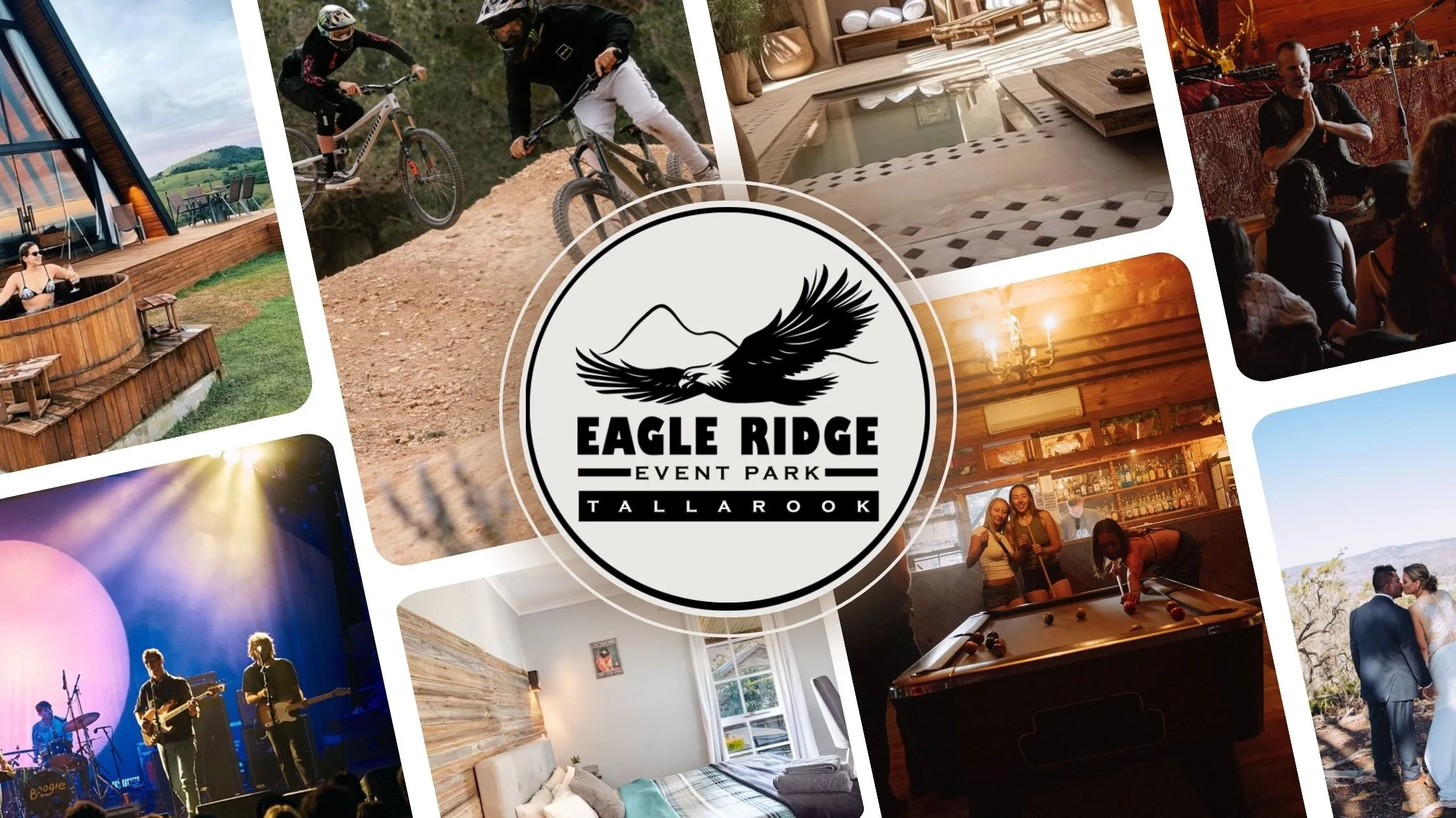 Collage of people in a hot tub, mountain biking, playing pool with Eagle Ridge Event Parks logo over the top.