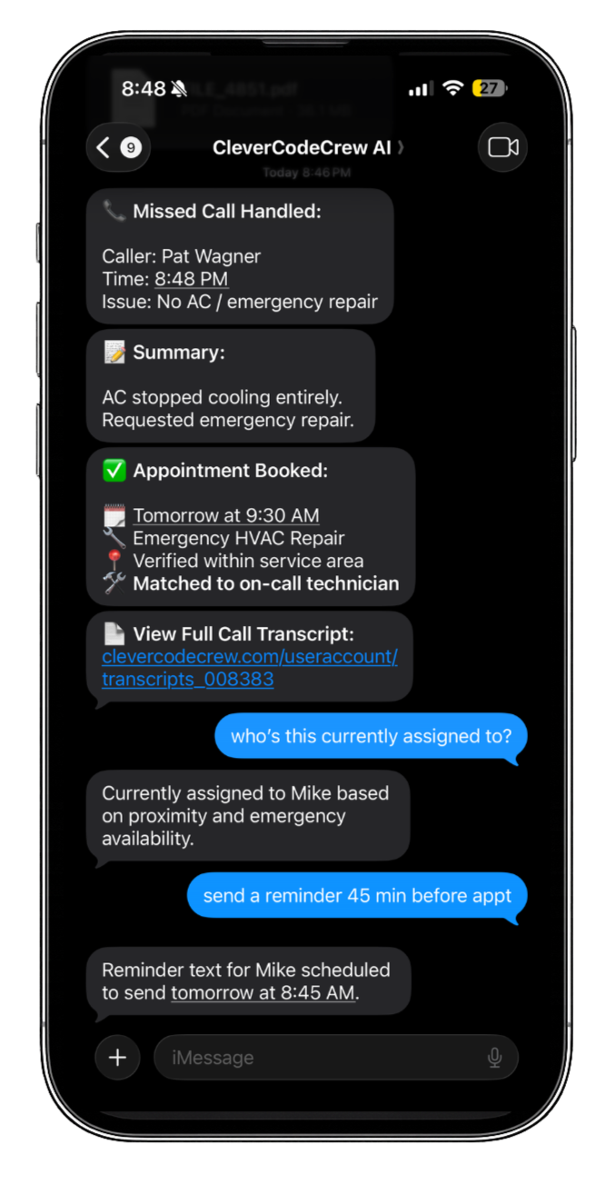 Screenshot of a phone displaying a message conversation about an emergency HVAC repair appointment scheduled for tomorrow at 9:30 AM, including details of a missed call, appointment confirmation, and reminder setup.