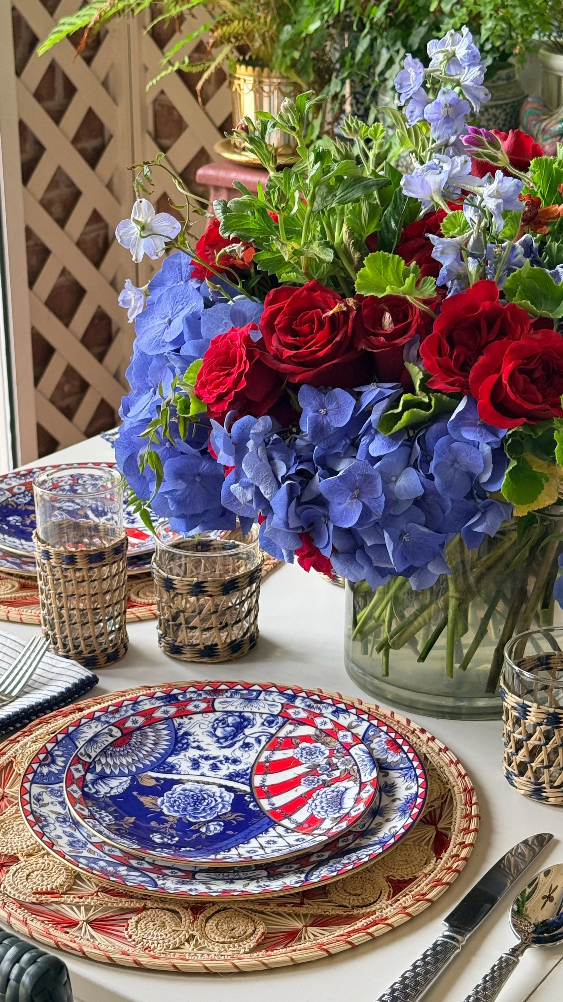 Discover why the Royal Crown Derby Victoria pattern in red and blue is one of the most beautiful china patterns for summer entertaining. See decorating ideas, table setting inspiration, and timeless styling tips from Kimberly Schlegel Whitman.