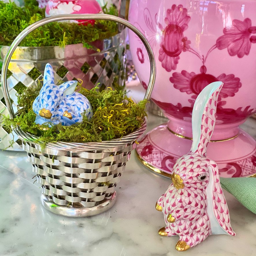 Herend Bunny Figurines placed in vintage Silver Baskets