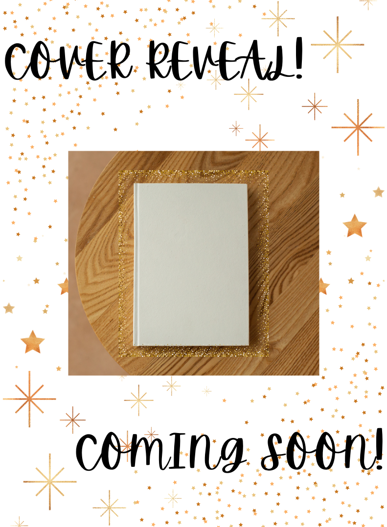 A cover reveal announcement with a blank white book placed on a wooden surface, surrounded by a glittery gold frame, with gold star and sparkle decorations on a white background