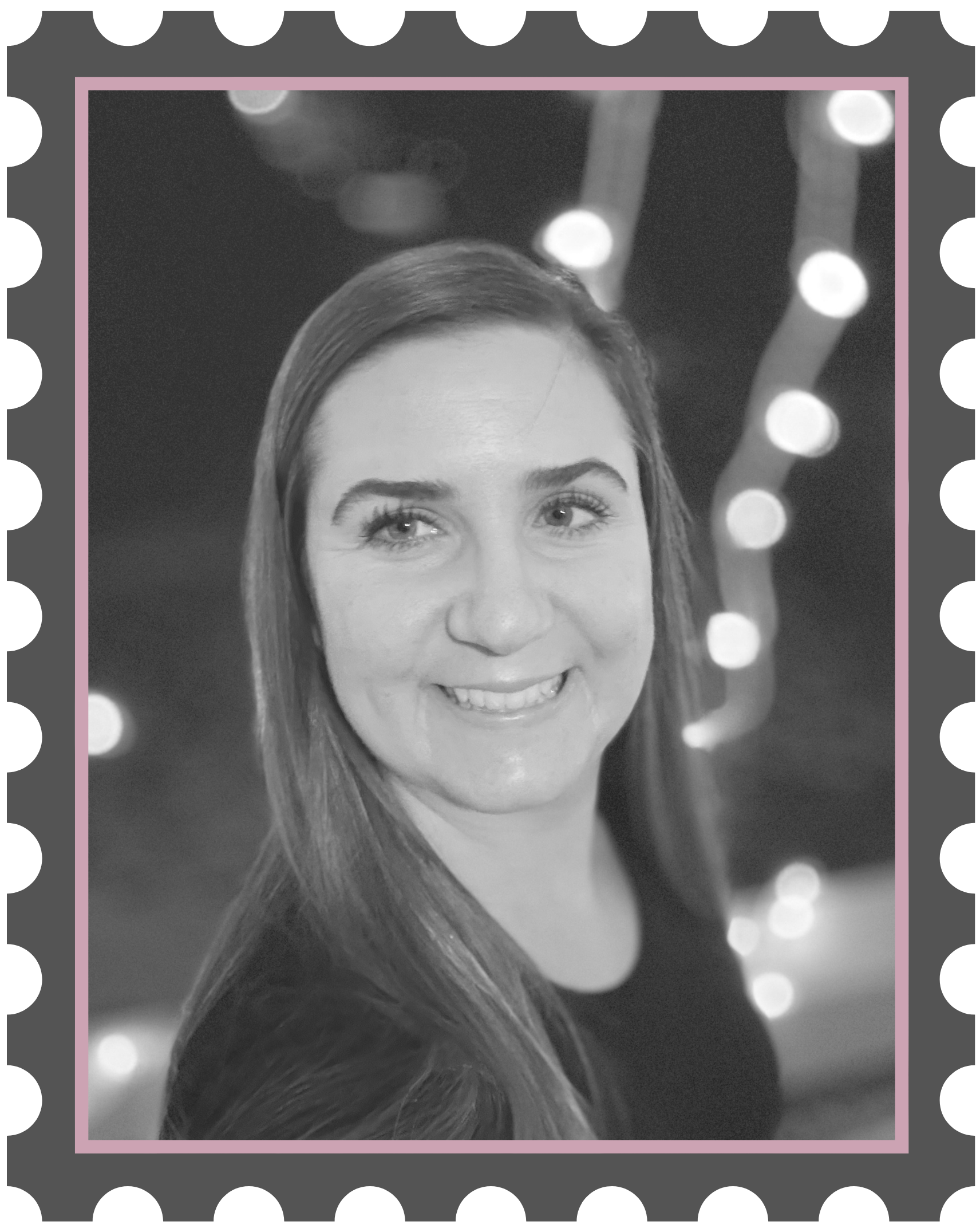 A woman with long hair smiling, with blurry lights in the background and a festive border around the photo.