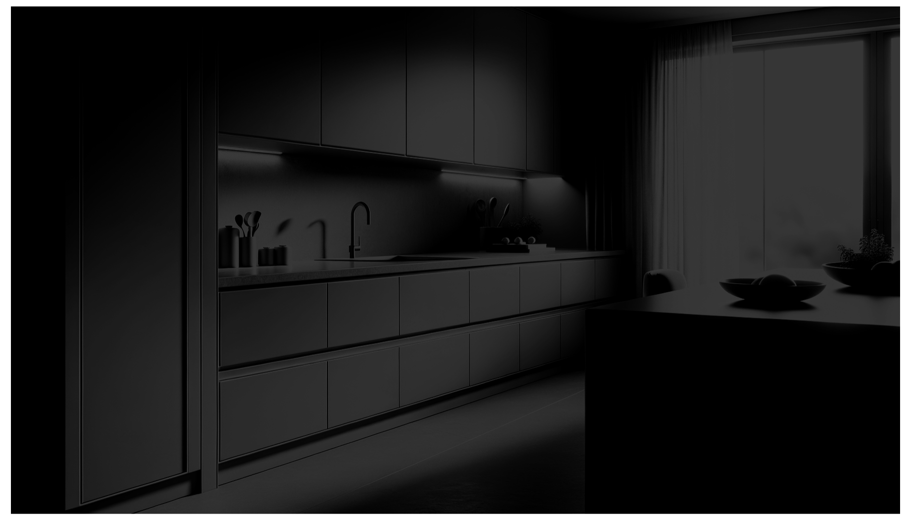 A modern, minimalist kitchen with dark cabinetry and countertops, kitchen utensils on the counter, and a dining table with bowls near large windows with curtains.