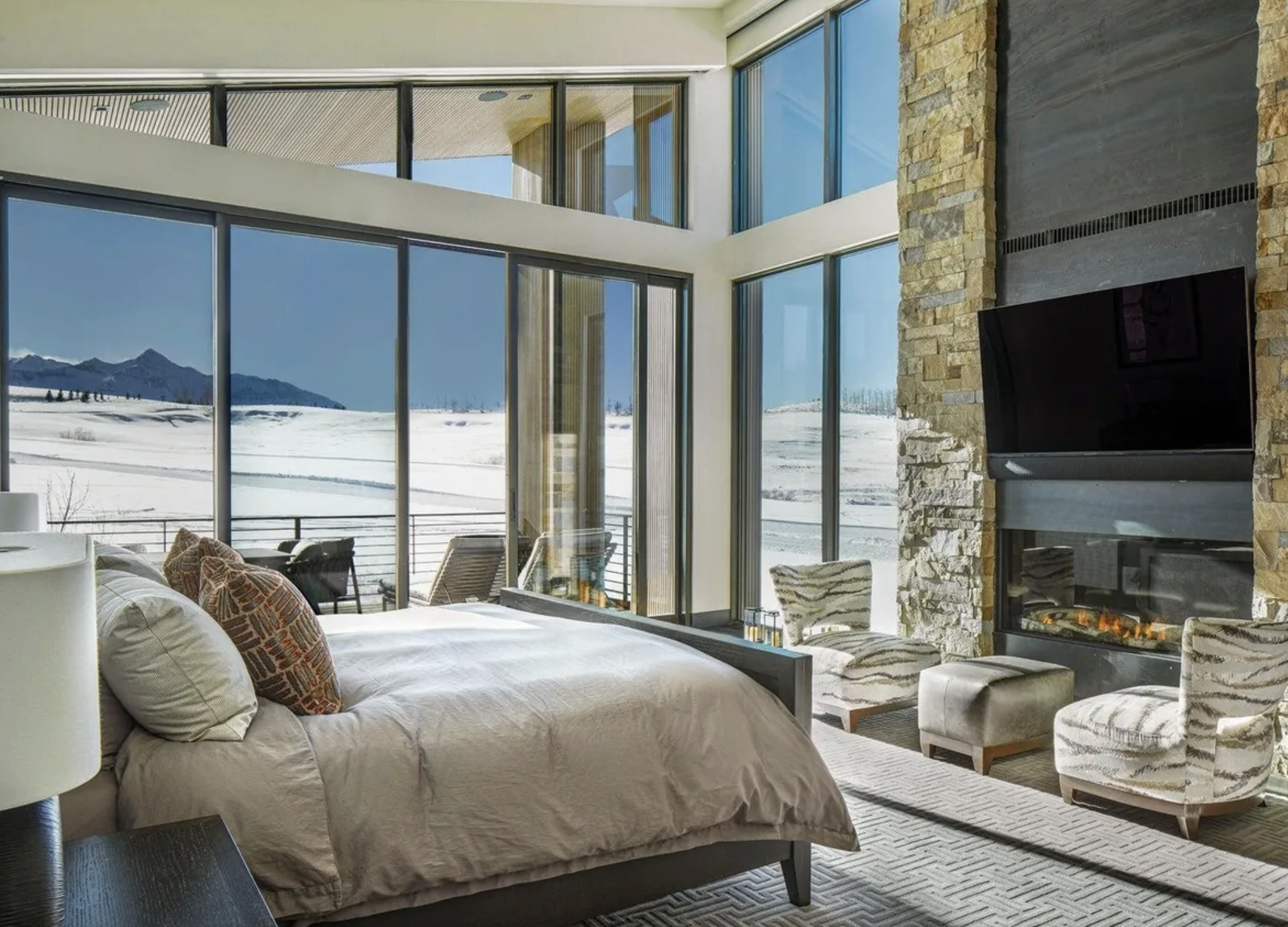 Bedroom detail with walnut panel and leather bed