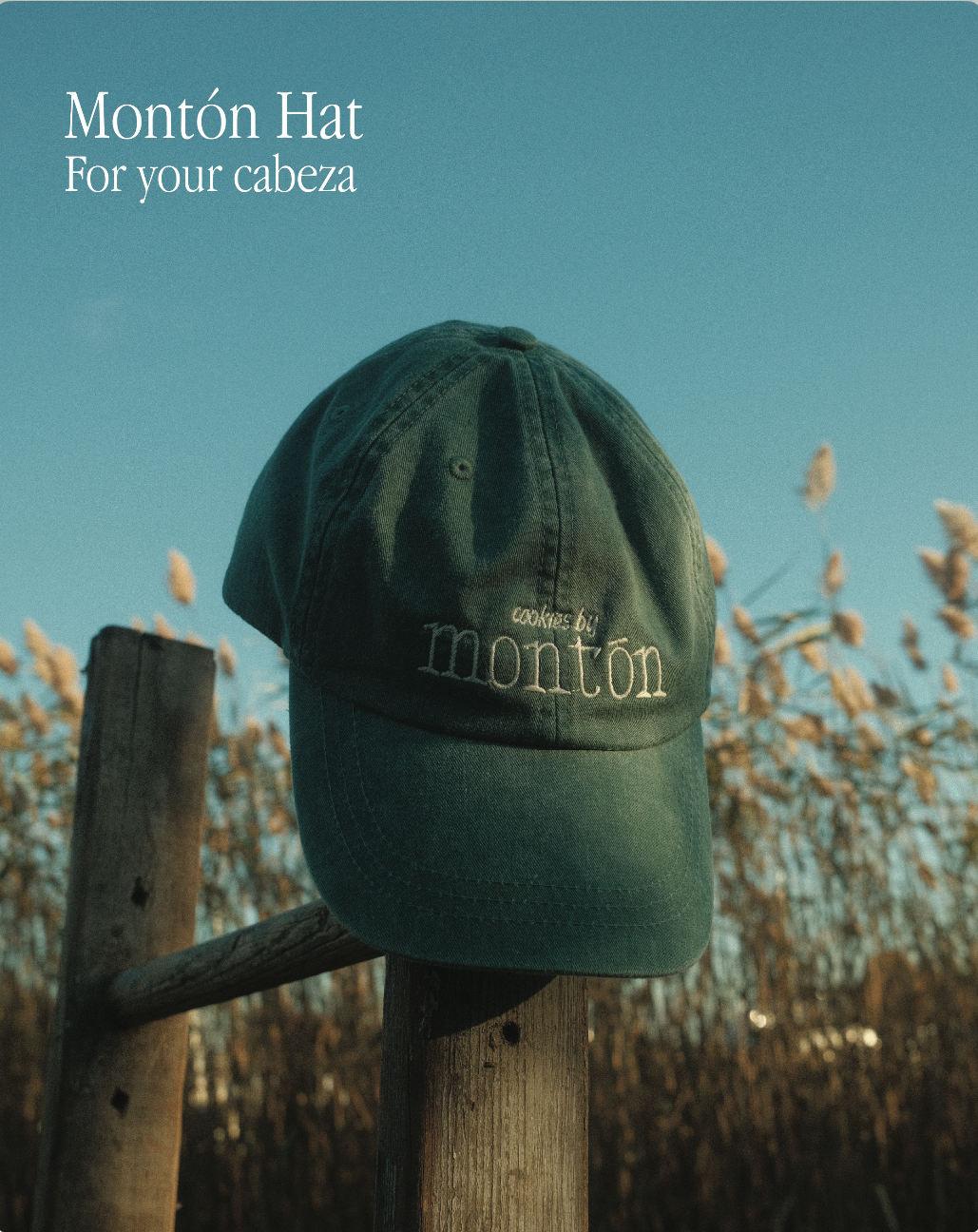 A green Montón Hat cap resting on a wooden fence post outdoors, with a field of tall, dry plants and a clear blue sky in the background.