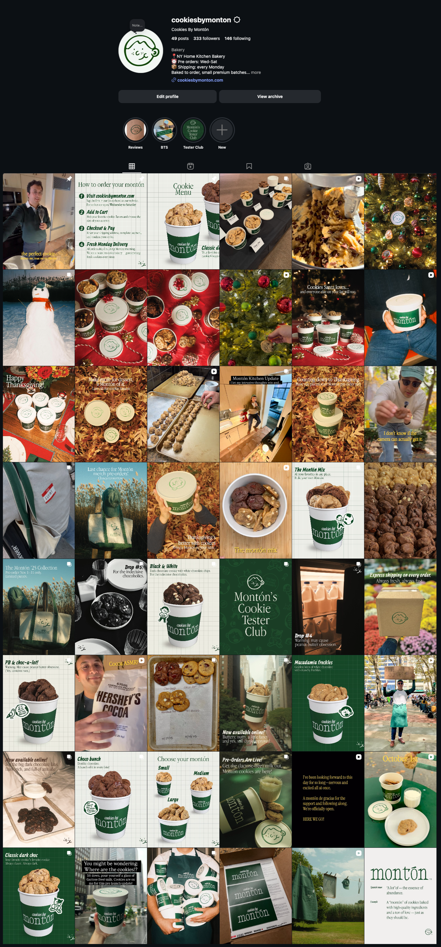 Collage of promotional images for Cookies by Montón, featuring cookies, cookies in cups, cakes, a Christmas tree, a snowman, people with cookies, and packaging.