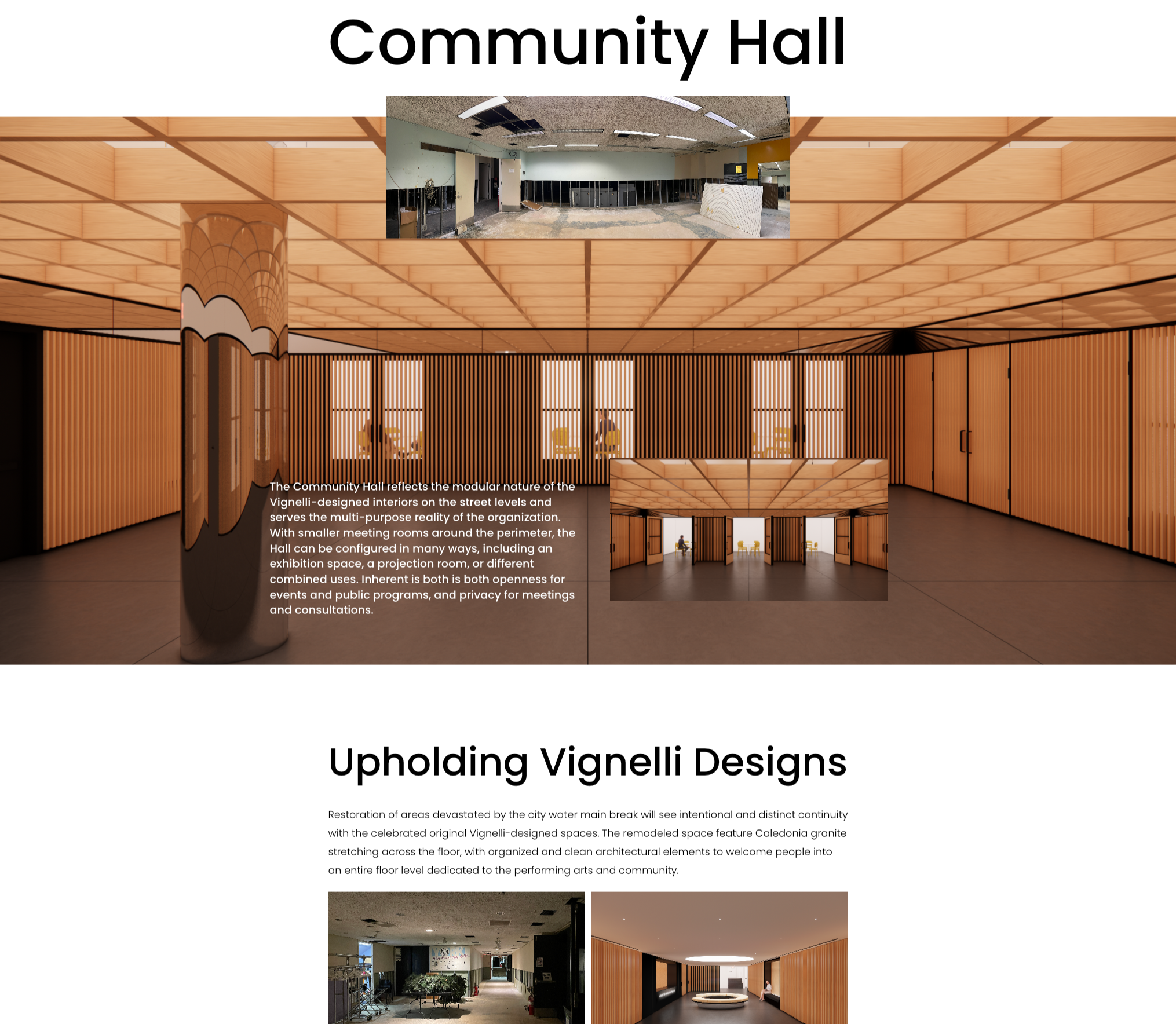 An interior space of a community hall with wood paneling, large windows, and skylights, featuring a central pillar and a high ceiling with modern lighting. Smaller inset photos show construction and renovations.
