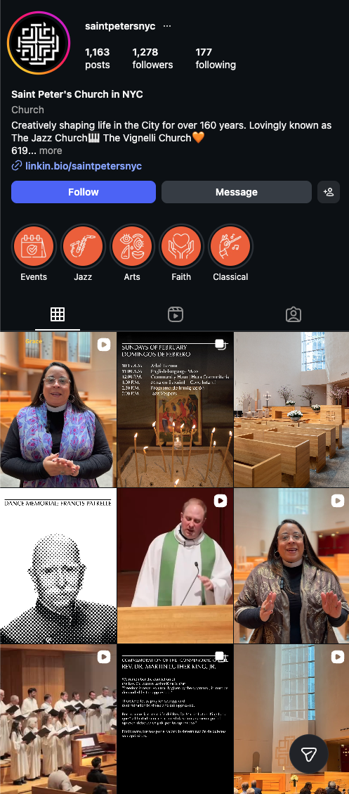 Instagram profile of Saint Peter's Church in NYC, featuring event promotions, musical performances, arts and faith activities, and images of church services and gatherings.
