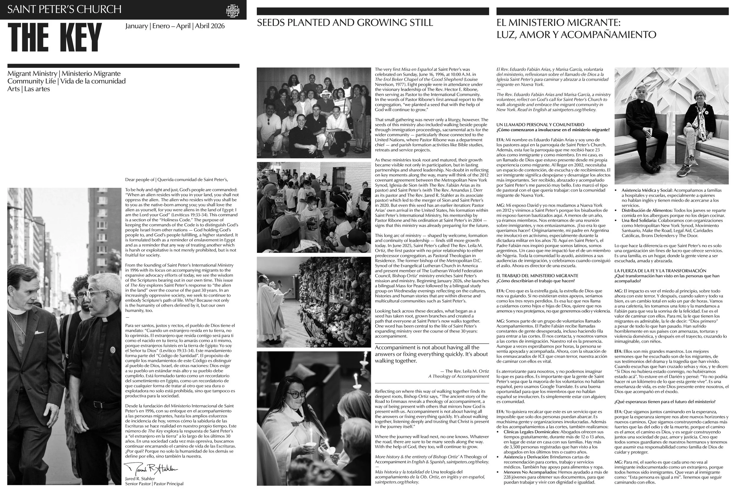 Page from a newsletter or magazine titled 'The Key,' published by Saint Peter's Church from January to April 2026. It includes articles about migration, planting seeds, and community activities. The page contains several black-and-white photographs of church events, a group of people giving a blessing, a gathering with a speaker, and others involved in church activities.