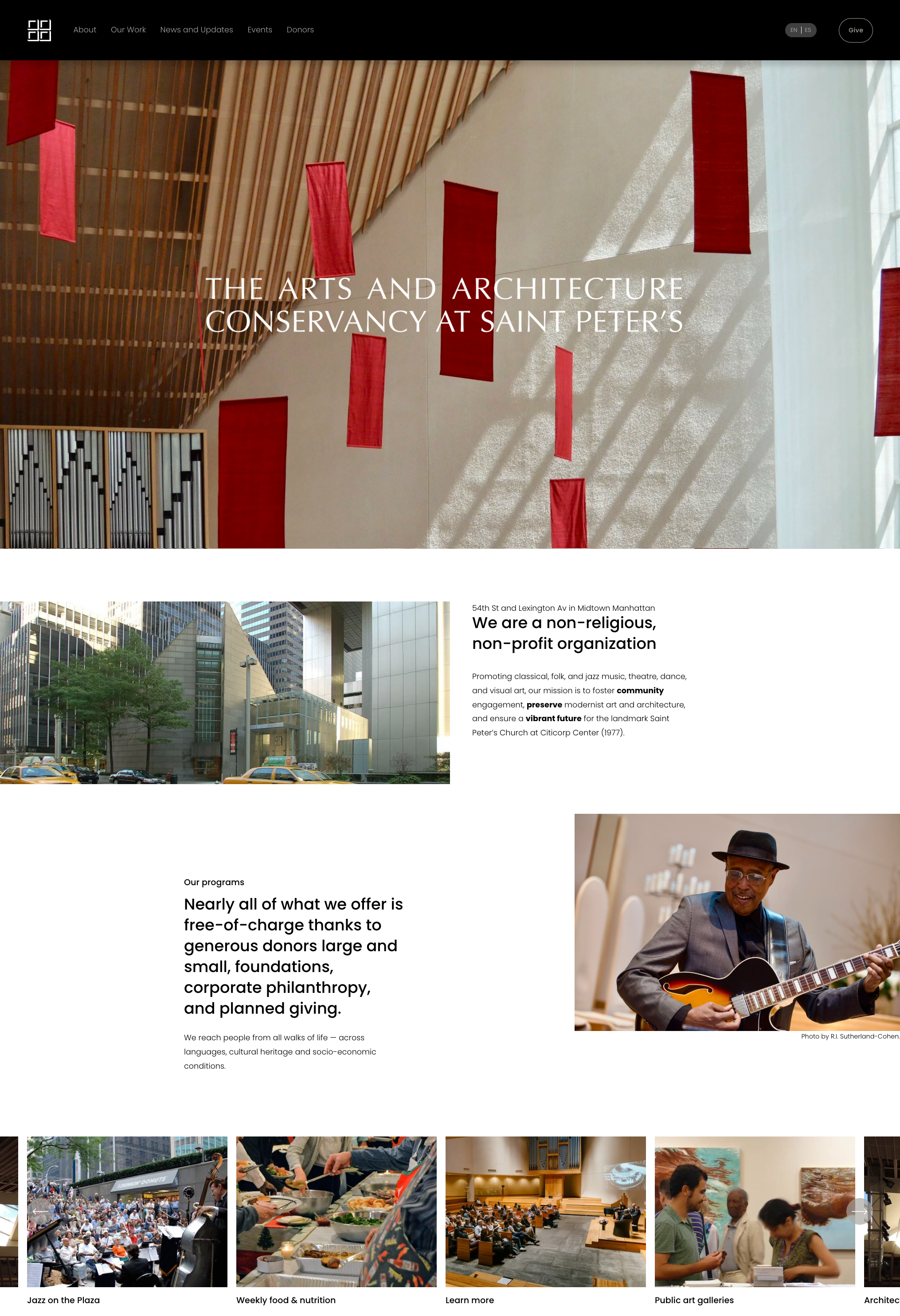 Website homepage for a nonprofit arts and architecture organization, showing images of modern architecture, a man playing guitar, and various events.