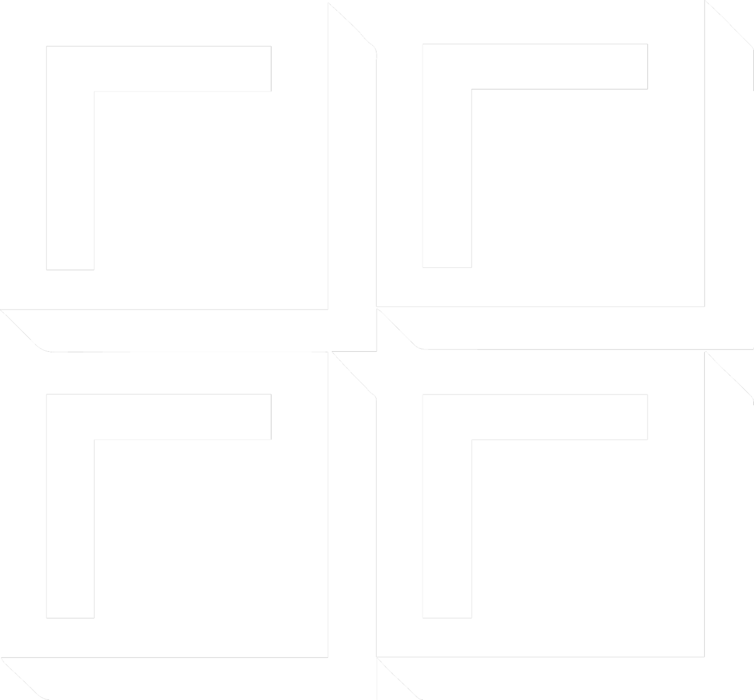 A black and white, stylized geometric pattern consisting of four interconnected squares with bold lines, creating a symmetrical design.
