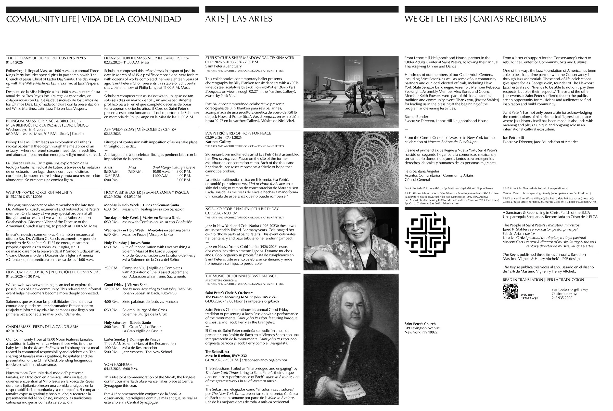 A community newsletter page with sections about local events, religious services, arts, and a tribute to Johann Sebastian Bach, including photographs of Bach and a woman speaking at an event.