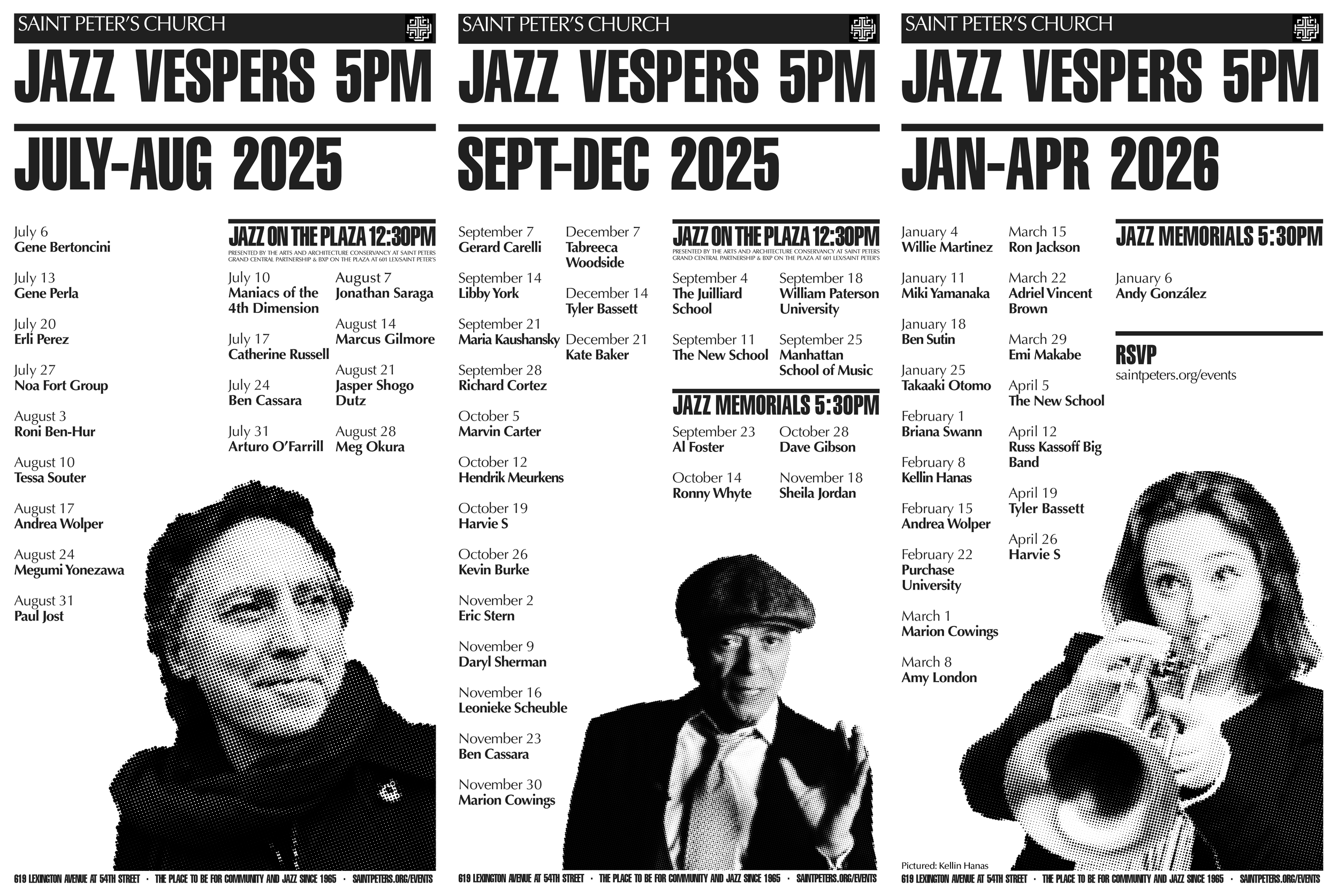 A black and white poster for Saint Peter's Church advertising jazz music events from July 2025 to April 2026. It features four portraits of individuals, each associated with specific dates of performances, with the bottom text providing the church's address and event website.
