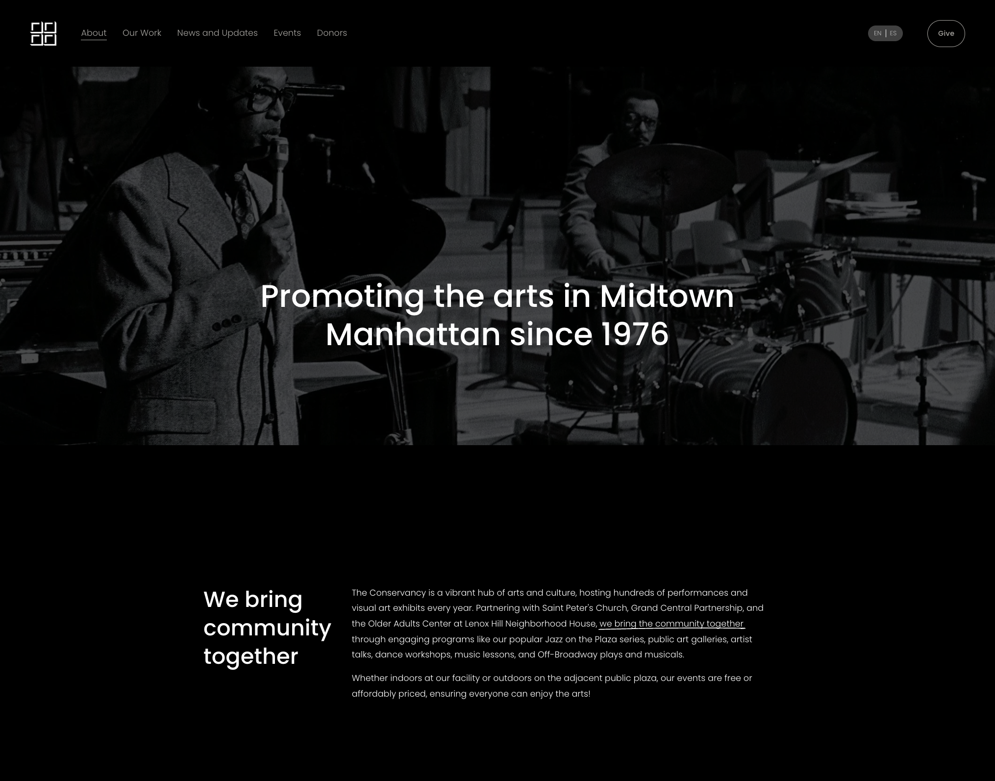 Webpage homepage of The Conservancy, featuring a black and white photo of a jazz band performing, with text overlay promoting arts in Midtown Manhattan since 1976.