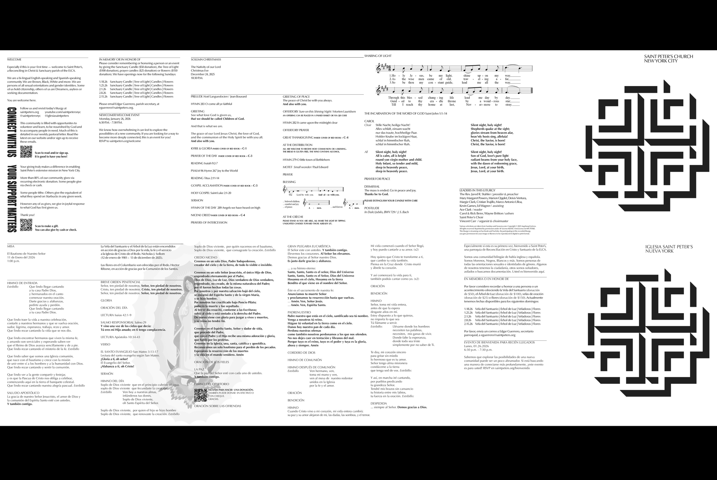 A church bulletin from Saint Peter's Church in New York City, containing religious texts, hymns, and prayers in both English and Spanish, with a prominent black and white QR code on the right side.