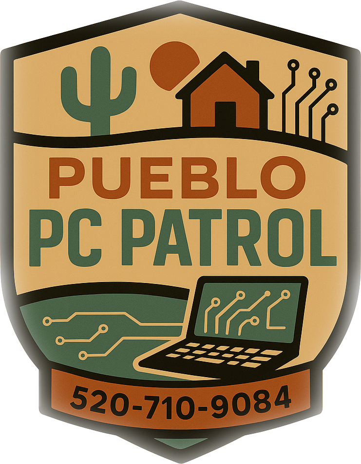Pueblo PC Patrol badge featuring a cactus, a house, a sun, circuit lines, and a laptop, with contact number 520-710-9084.