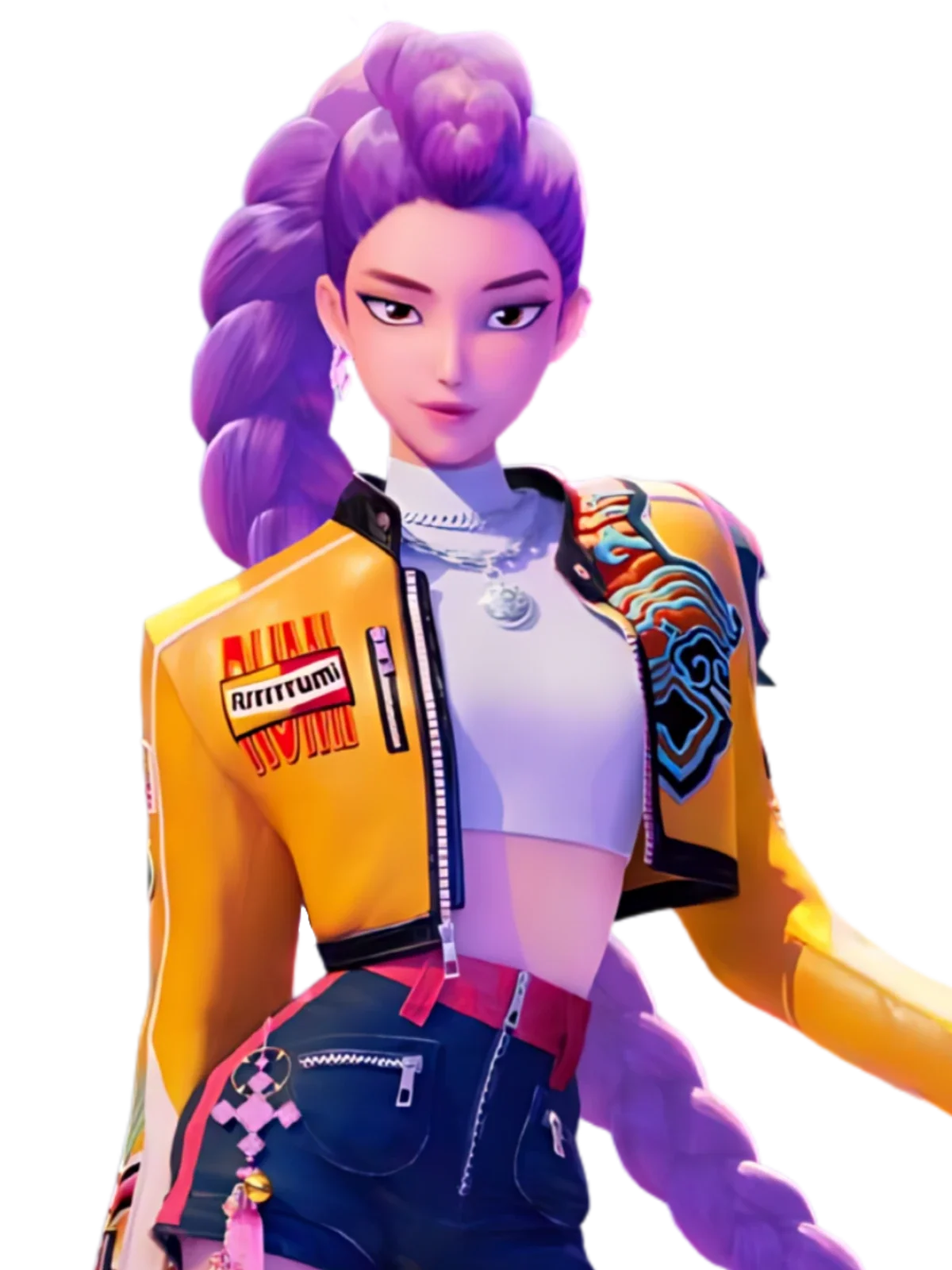 Animated female character with purple braided hair, wearing a yellow jacket with patches, a white crop top, and black pants with pink accents.
