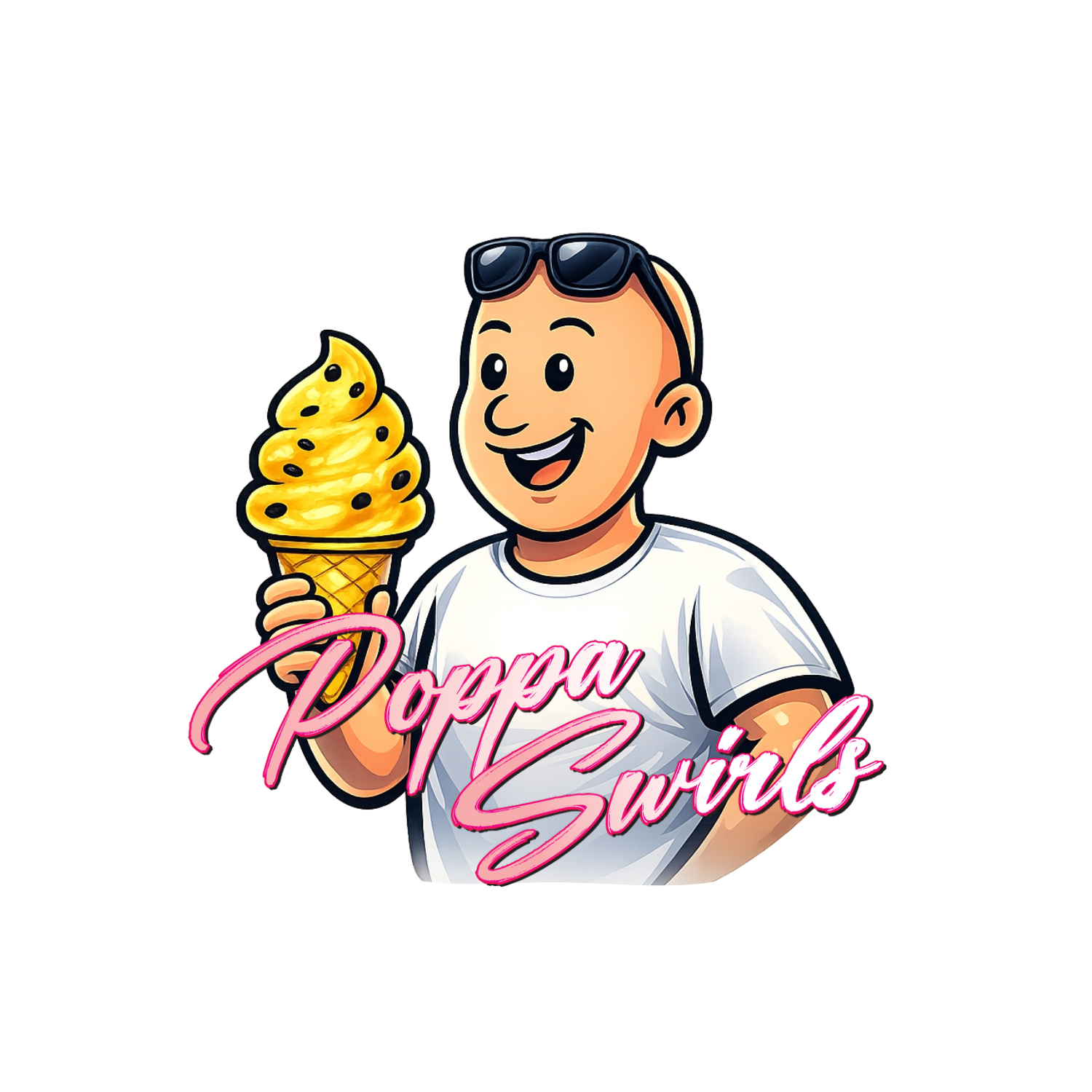 Cartoon man with sunglasses on his head holding a yellow ice cream cone with chocolate chips and pink neon text reading 'Poppa Swirl'