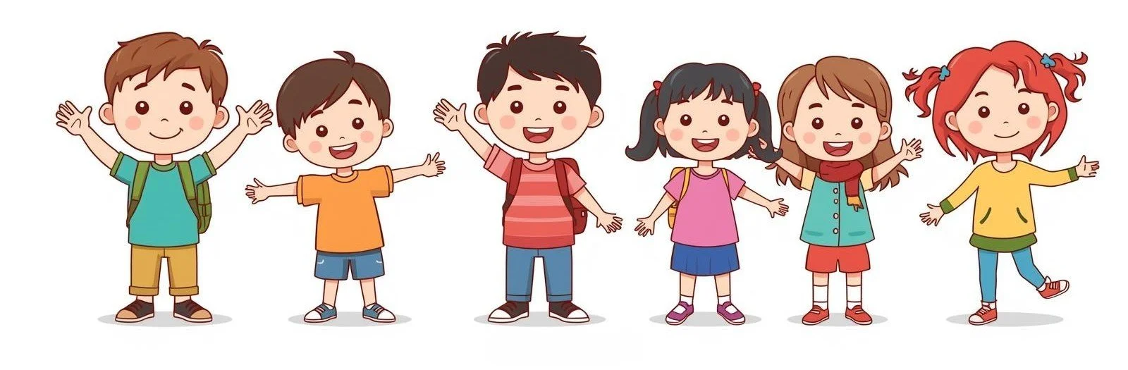 Six children standing in a row, smiling, with arms outstretched. They have different hair colors and styles, and are dressed in colorful casual clothes with backpacks.