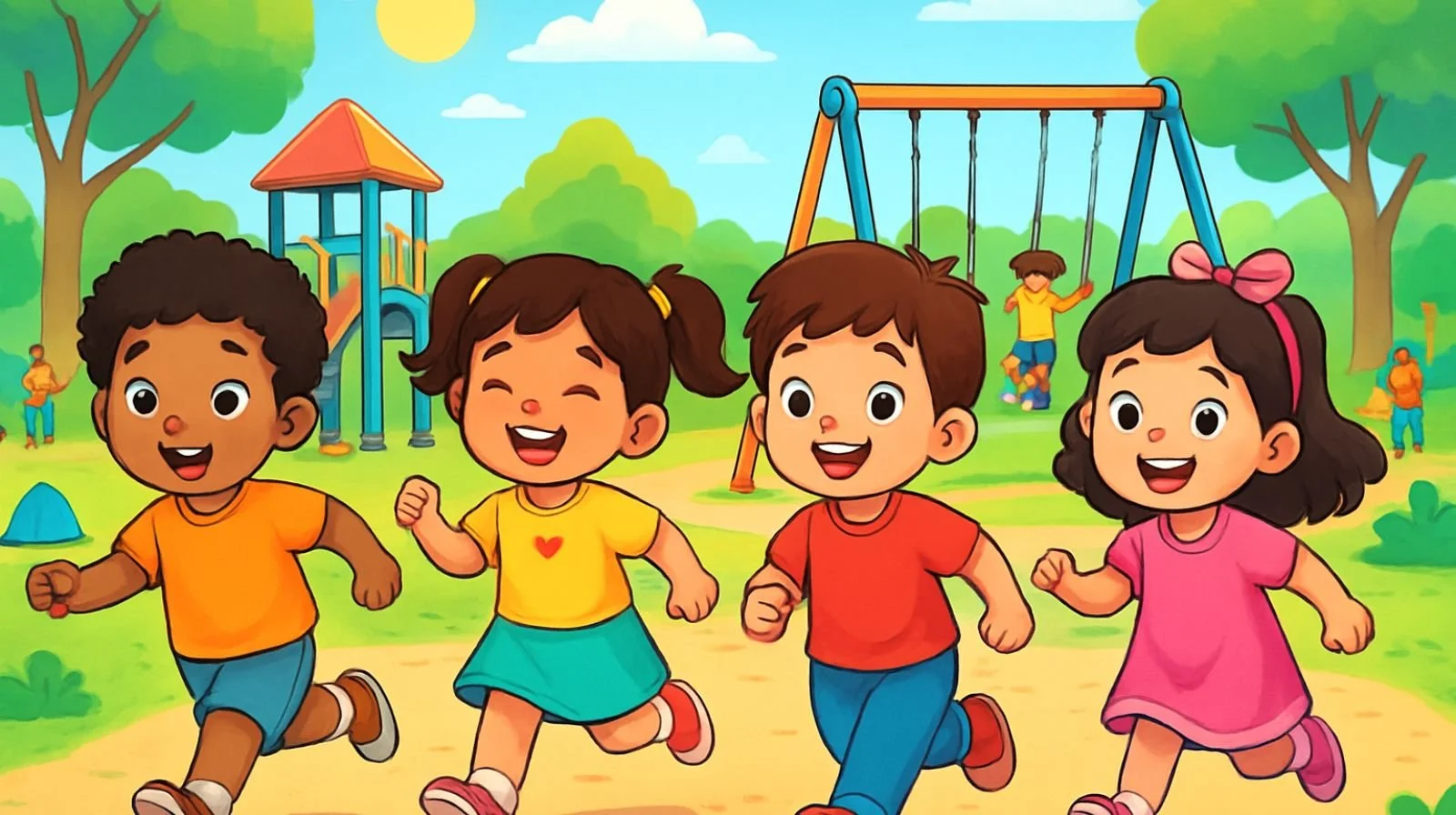 Four children running and playing in a park with playground equipment, trees, and other children in the background.