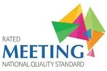 Graphic with colorful geometric shapes and the text 'Rated Meeting' and 'National Quality Standard'.