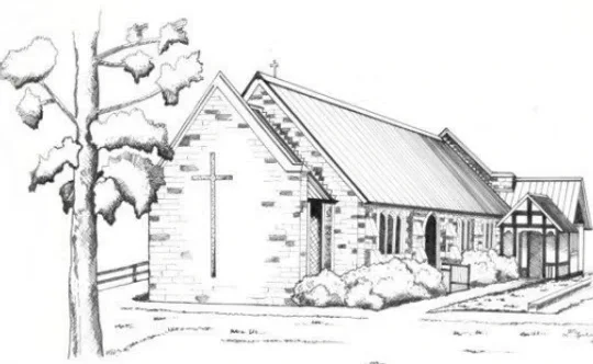Black and white illustration of a church with a large cross on its brick facade, trees, bush, and an entrance with a canopy