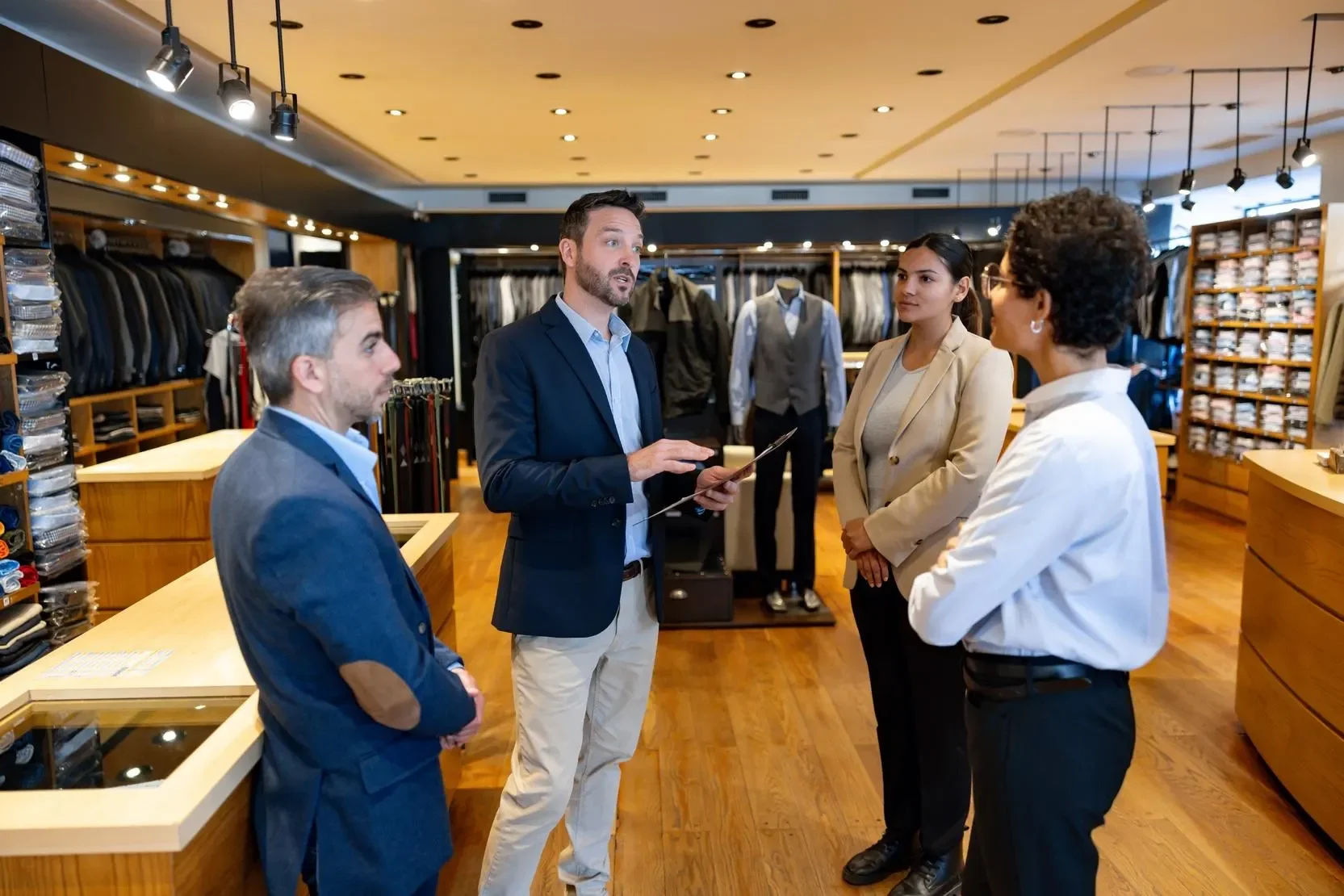 A retail clothing store sales team having a discussion or meeting, with clothing racks and displays in the background.