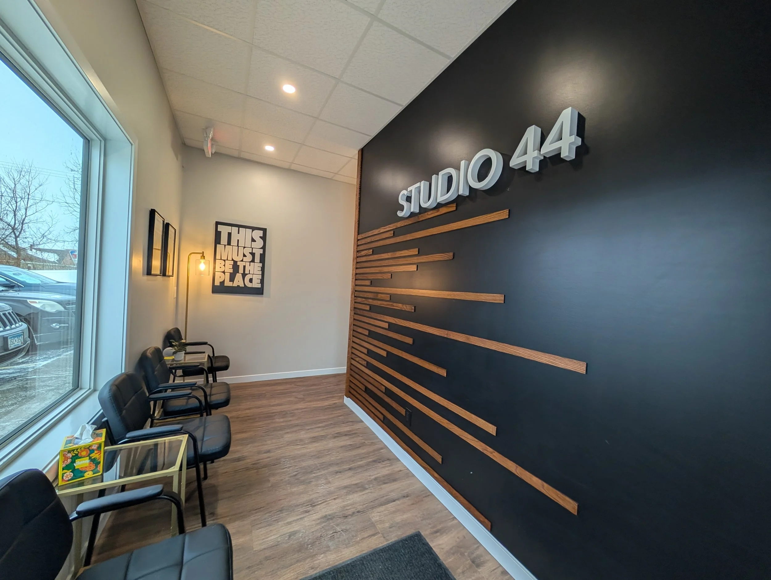 Lobby at Studio 44 Wellness and Beauty Suites in Red Wing, Minnesota. Services provided are haircuts, color, nails, lash extension, waxing and permanent jewelry.