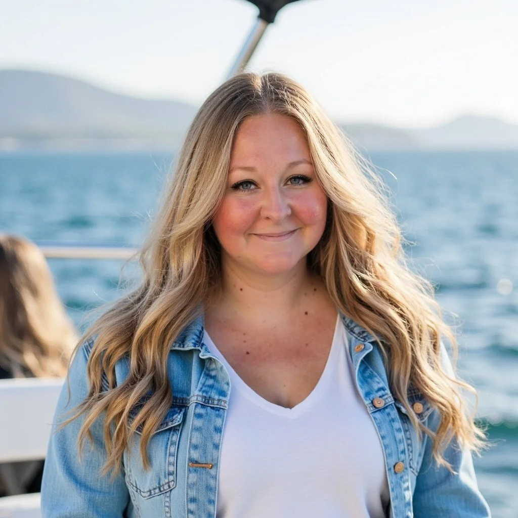 A young woman with long blonde hair smiling on a boat with water and mountains in the background.