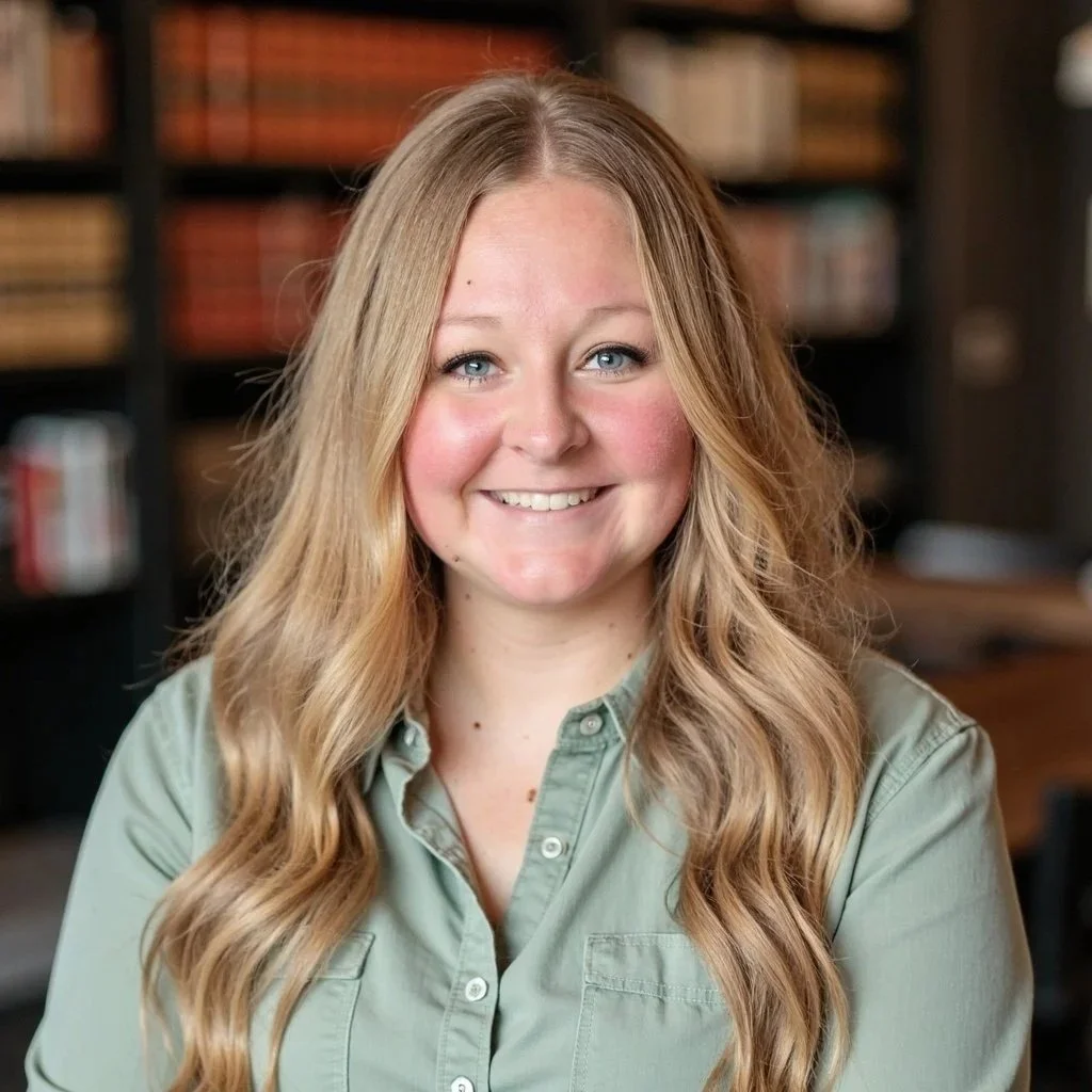 A young woman with long, wavy blonde hair and blue eyes smiling at the camera in front of a bookshelf.