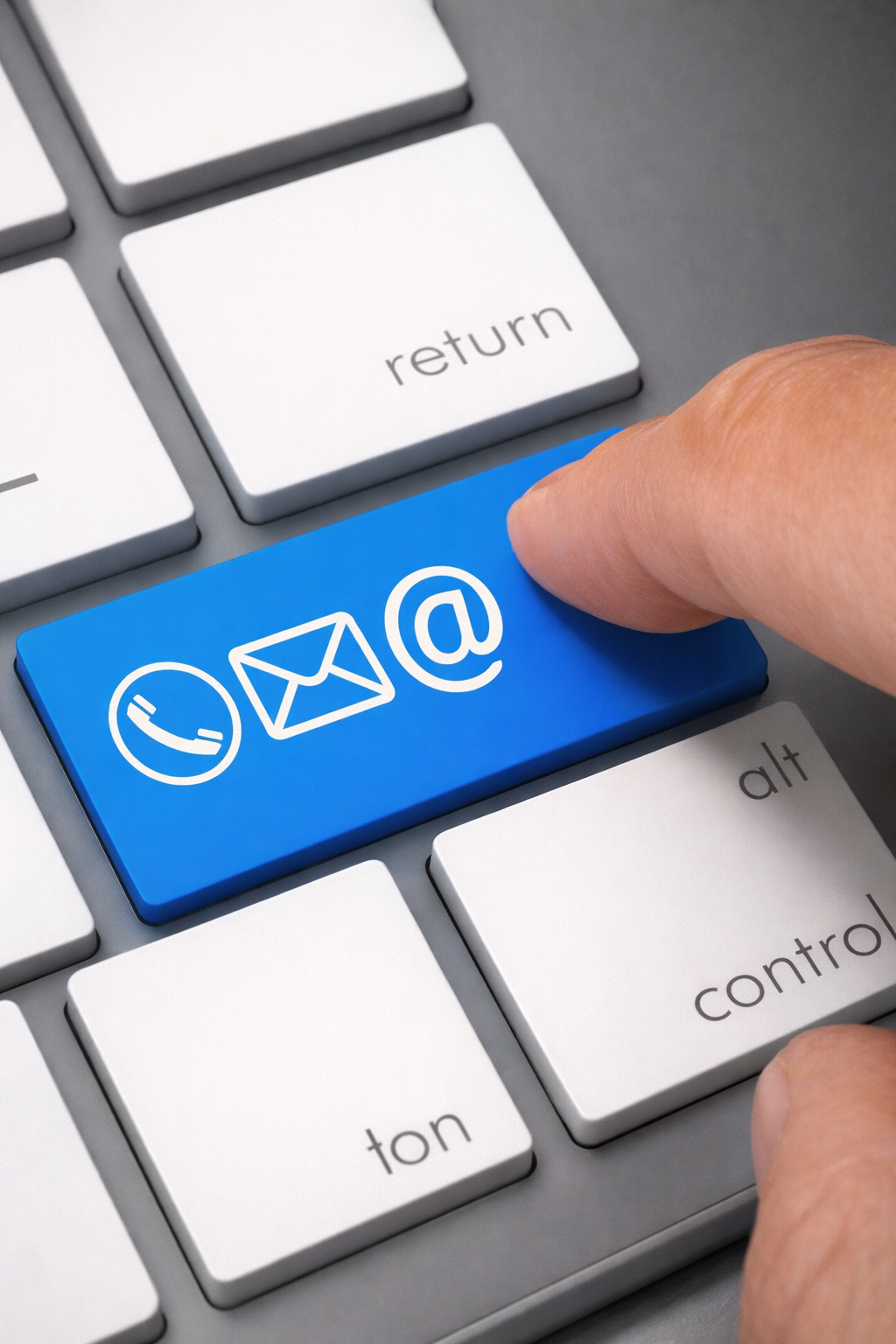 Close-up of a computer keyboard with a blue key featuring icons for phone, email, and email at symbols, being pressed by a person's finger.