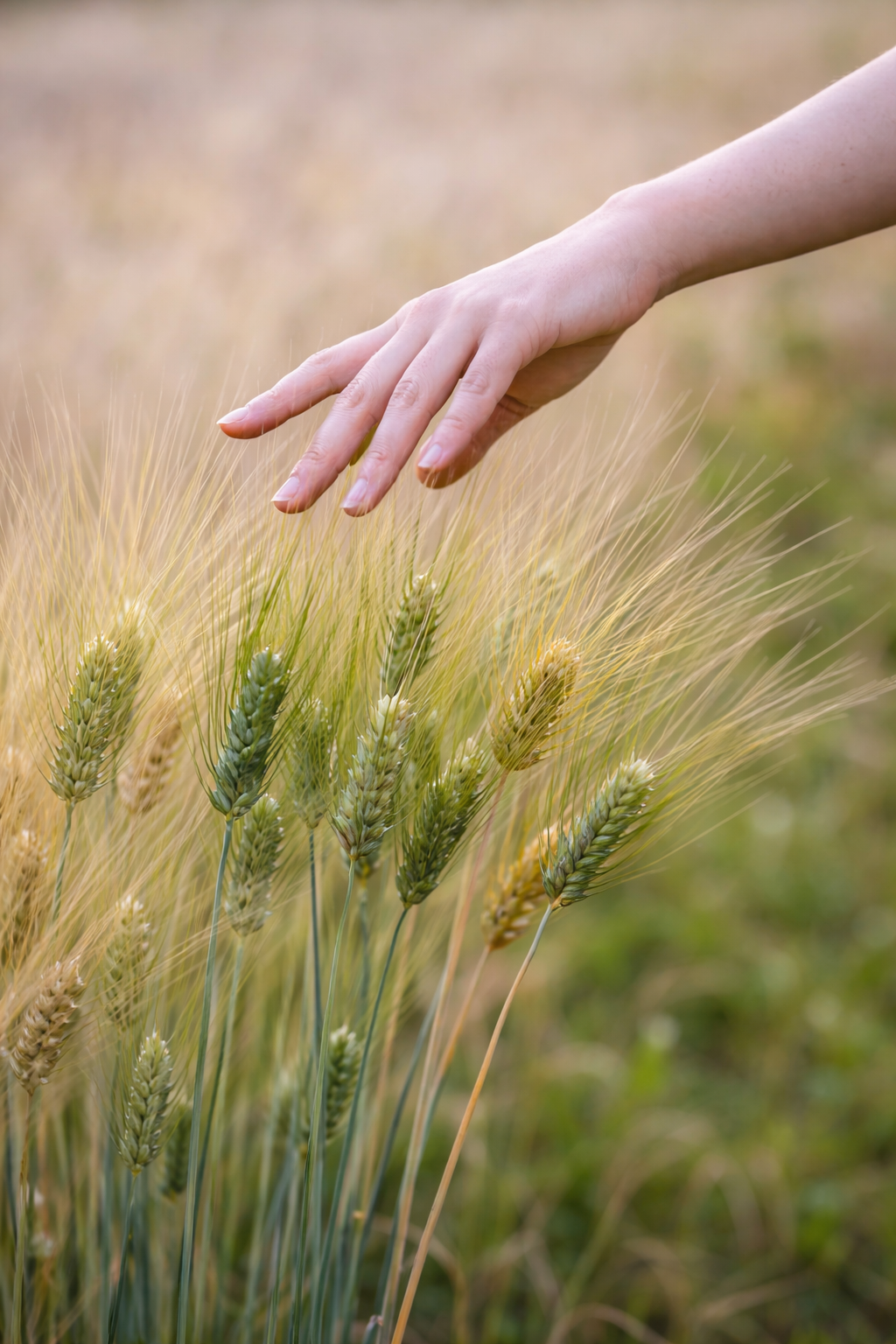 A person's hand reaching out to touch wheat in a field.