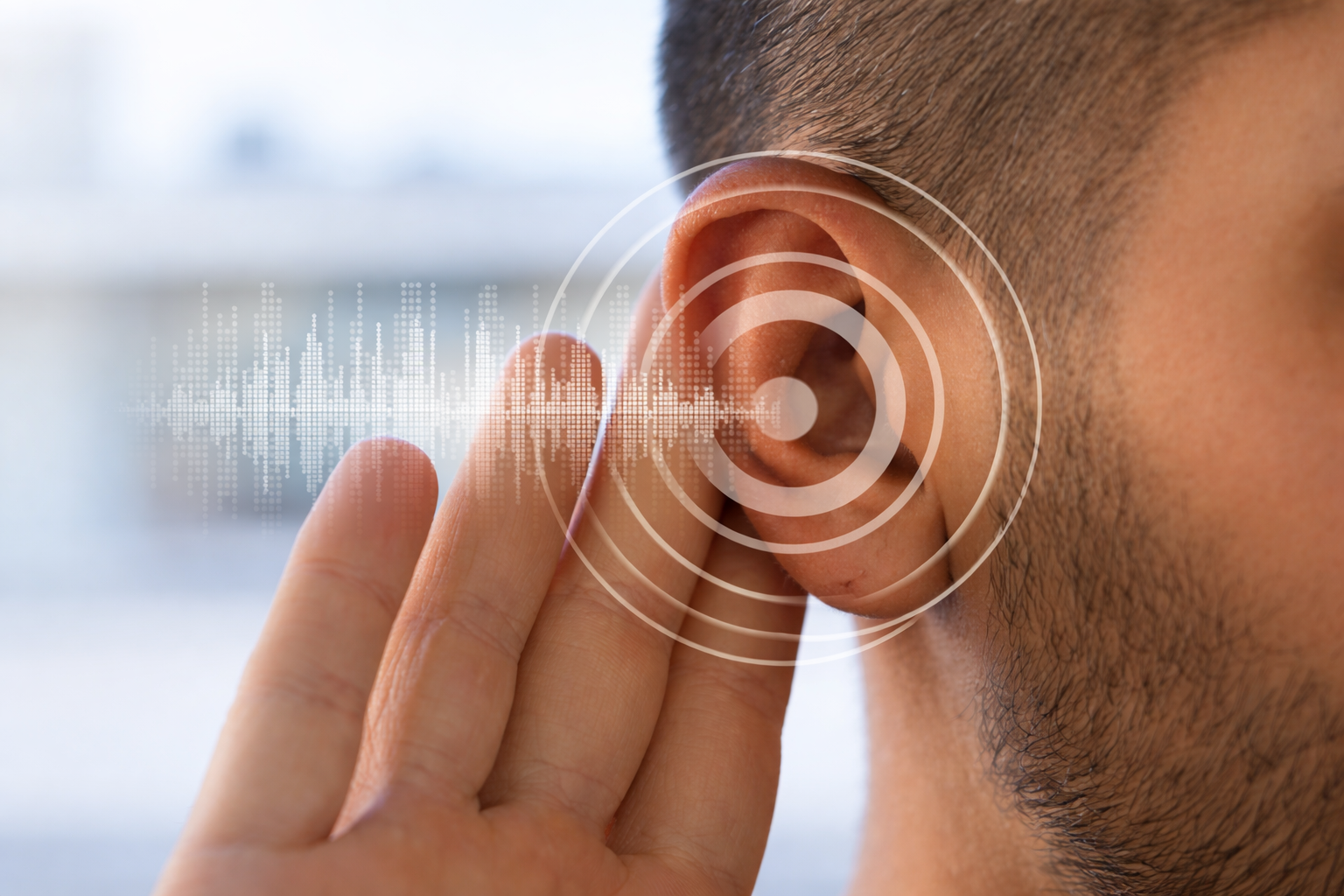 Close-up of a person with short hair holding their finger to their ear, with digital sound wave graphics and circular target overlayed around the ear.