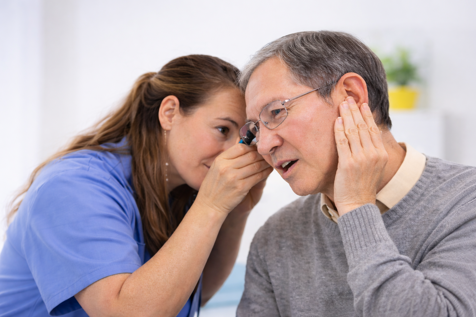 A nurse wearing blue scrubs listening to an older man's ear with an otoscope in a healthcare setting.