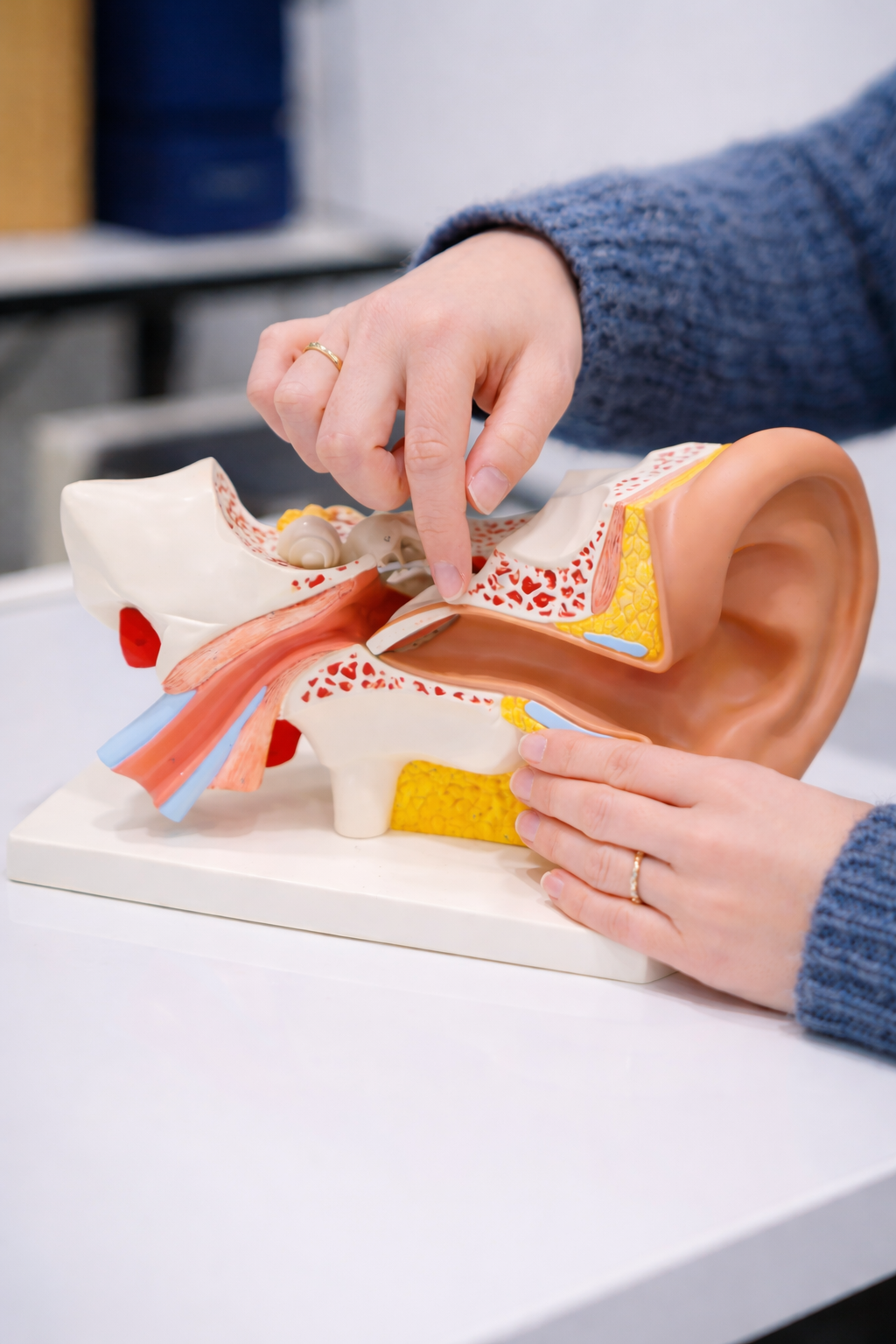 Person pointing at a detailed anatomical model of the human ear, showing internal structures.