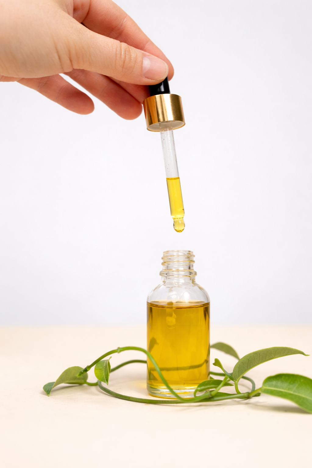 A hand holding a dropper with yellow oil above a small glass bottle filled with yellow oil, with green plant leaves at the base.