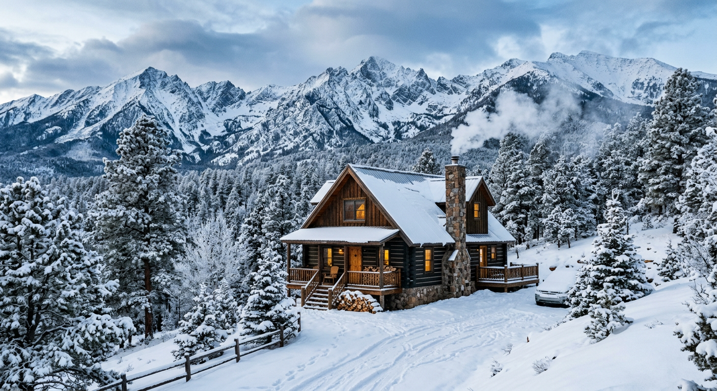 A snow-covered mountain cabin surrounded by snow-laden trees, with mountains in the background and smoke coming out of its chimney.